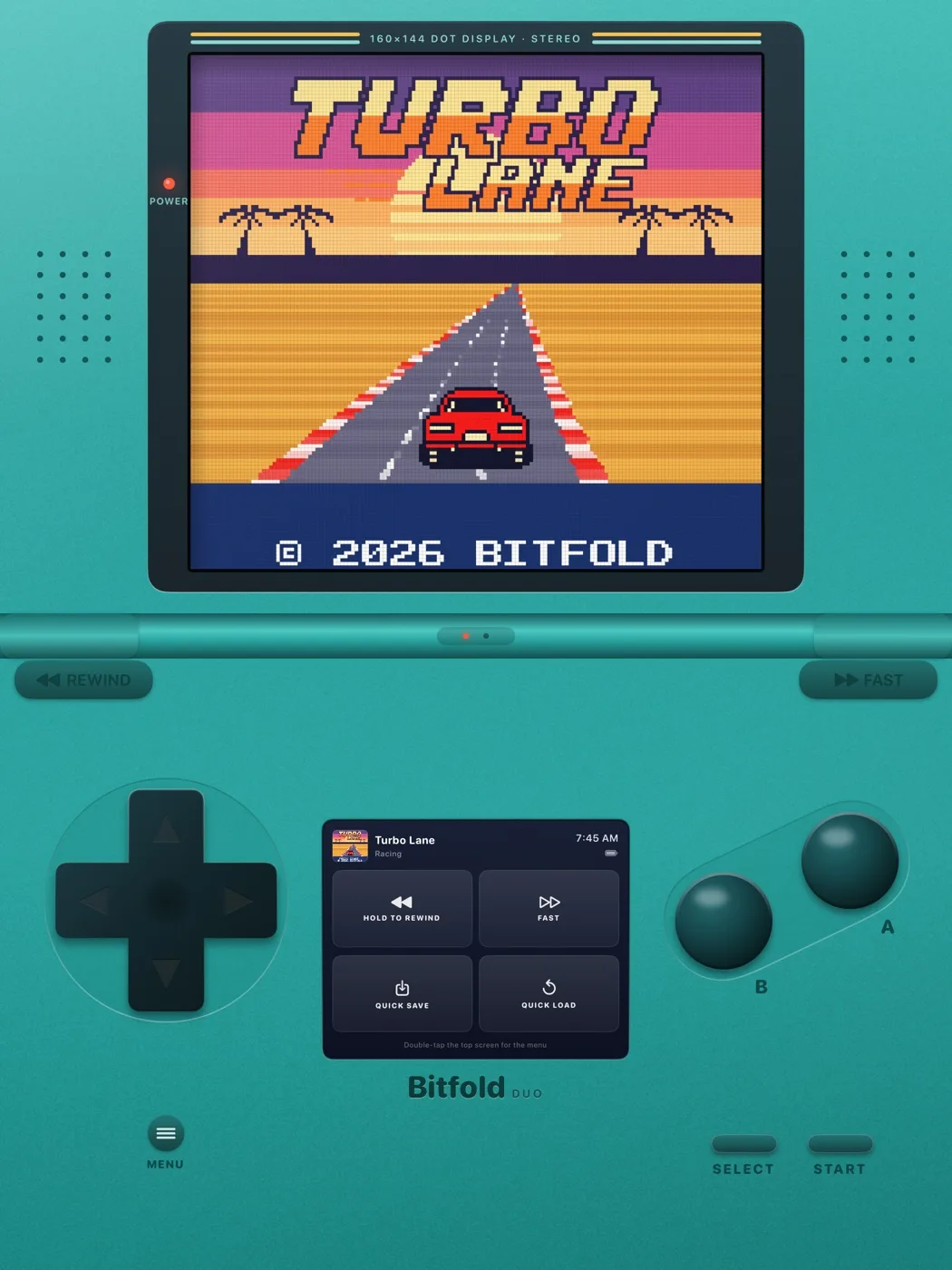Bitfold's clamshell layout on an iPad simulator in the Lagoon edition, playing Turbo Lane, with the companion screen between the D-pad and the A and B buttons