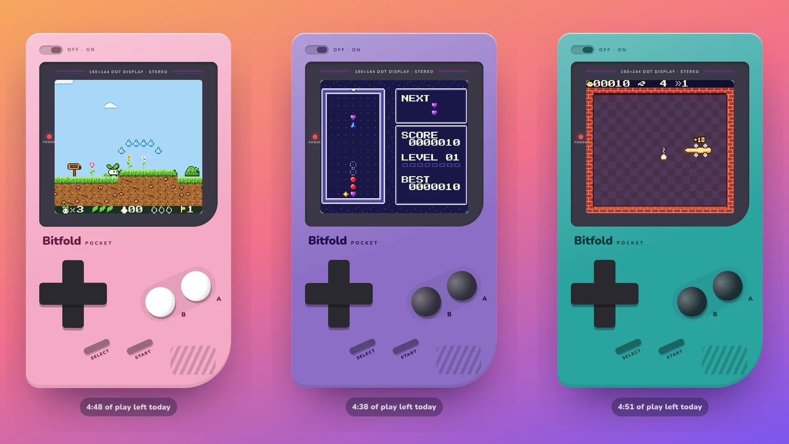 Bitfold's browser player: three consoles running Sprout's Quest, Prism Drop and Noodle, each showing the minutes of play left today