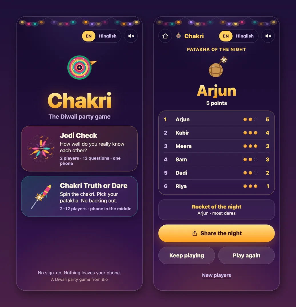 Chakri's home screen, and the end of a Truth or Dare night with Arjun as the Patakha of the night