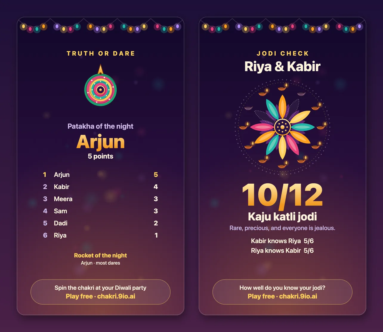 Two Chakri result cards: the Patakha of the night, and a Kaju katli jodi from Jodi Check