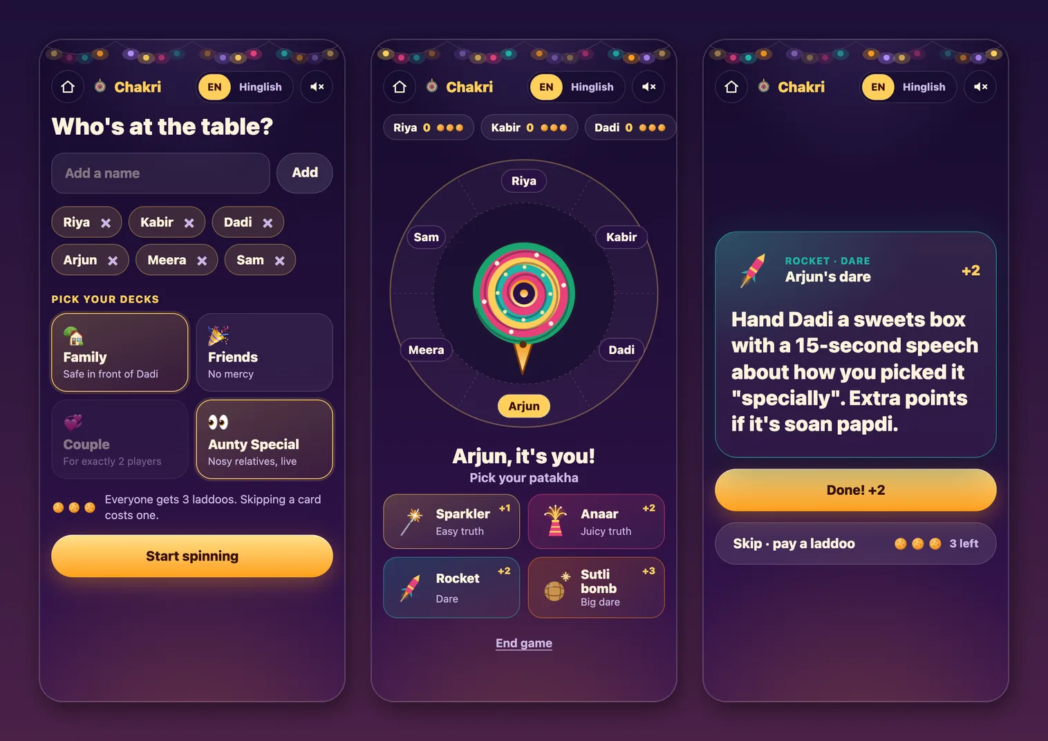 Chakri Truth or Dare screens with six players and two decks, the chakri stopped on Arjun, and his Rocket dare for Dadi