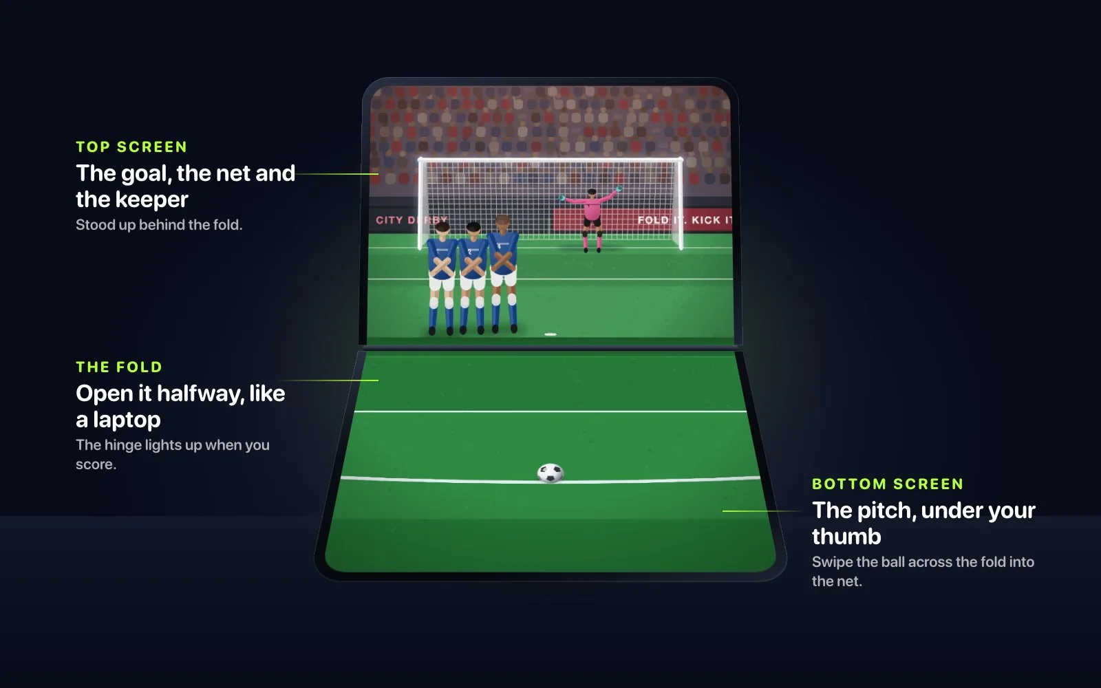 Football Kick on iPhone Duo folded like a laptop, with the goal standing up behind the fold