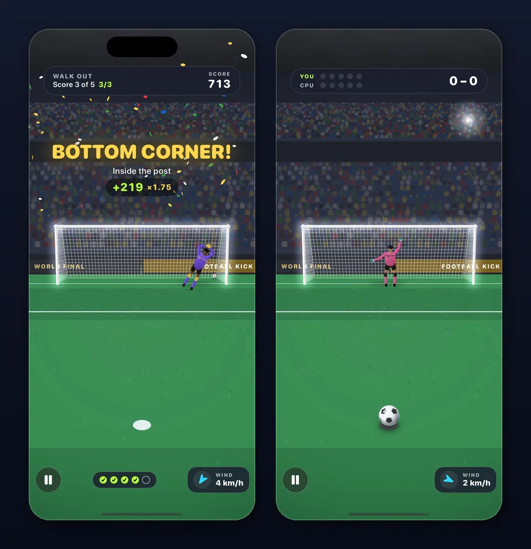 Two Football Kick screens: Idris Okafor dives the right way but a low shot goes in inside the post, and a Shootout against the CPU at 0-0