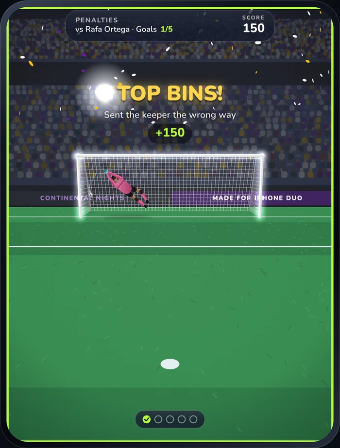 The browser game on footballkicks.9io.ai just after a goal: TOP BINS! as the ball beats the keeper, who has dived the wrong way
