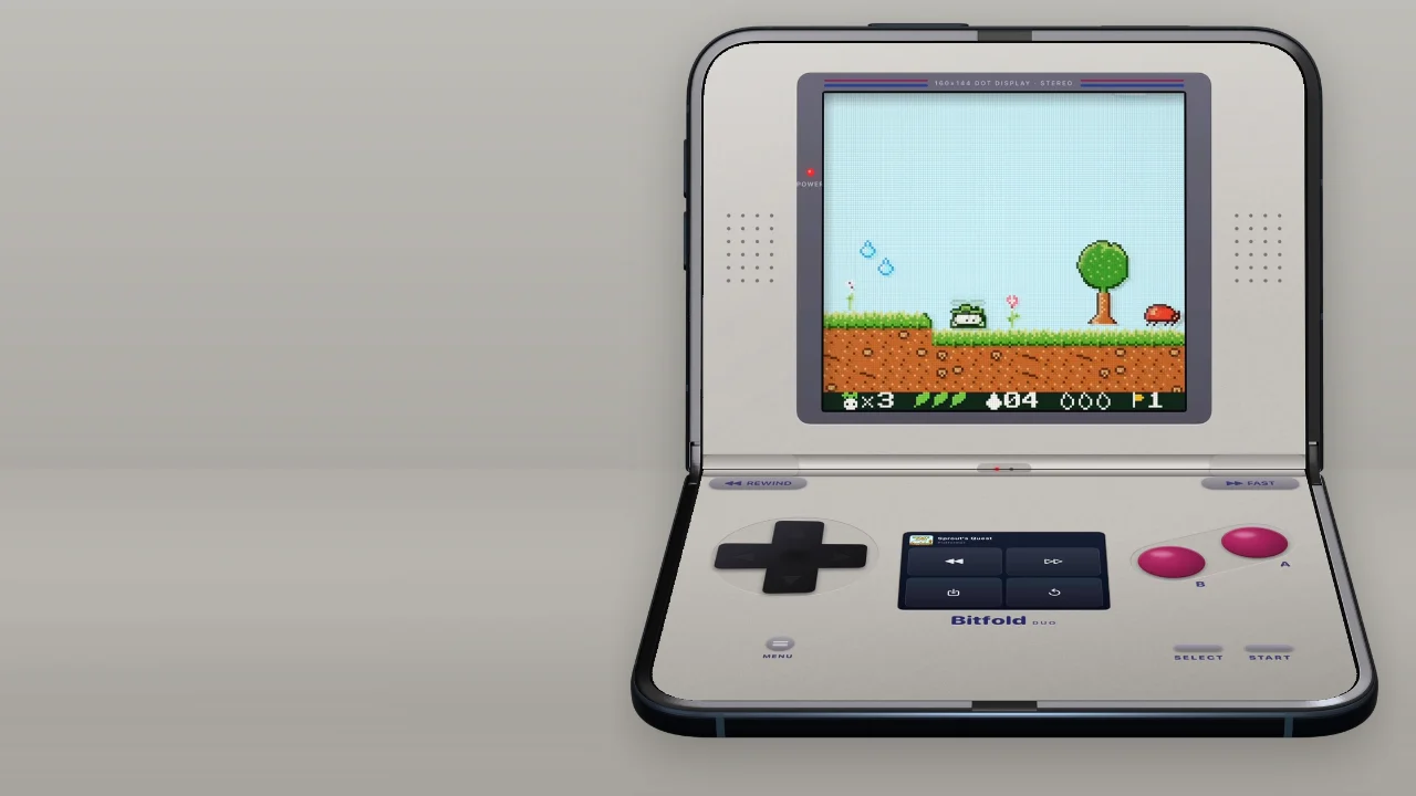 Bitfold's Classic edition on iPhone Duo folded like a laptop, with Sprout's Quest above the drawn hinge and the controls and companion screen below